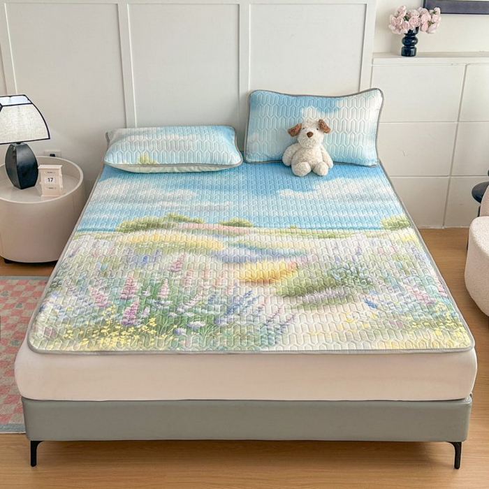 梵克保罗 2026新款凉感丝乳胶凉席印花三件套绑带款乳胶条席床单 云间华野