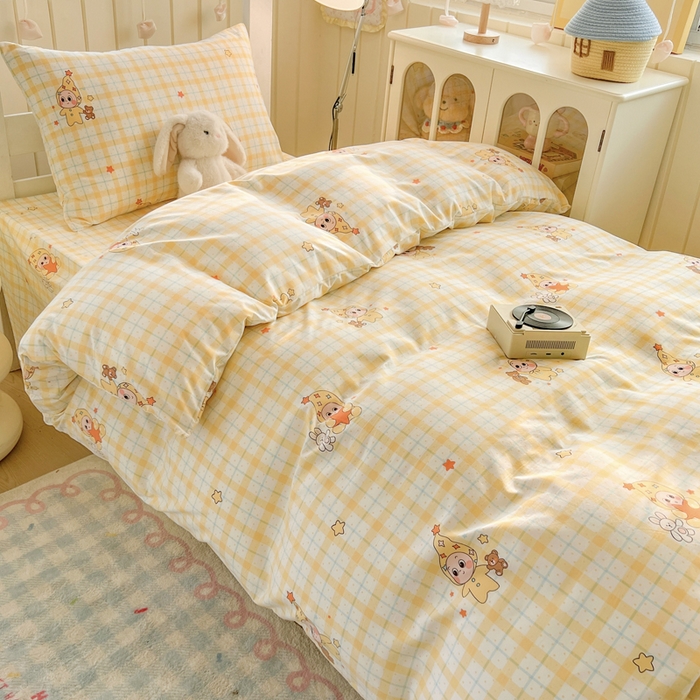 91家纺网 家纺一手货源 找家纺 简冠家纺 2026新款仿棉水洗棉学生三件套宿舍三件套多件套大礼包 小精灵黄