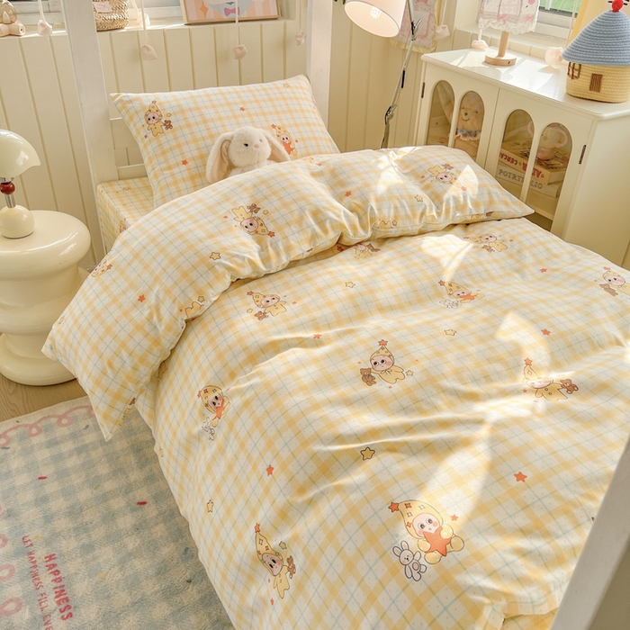 91家纺网 家纺一手货源 找家纺 简冠家纺 2026新款仿棉水洗棉学生三件套宿舍三件套多件套大礼包 小精灵黄