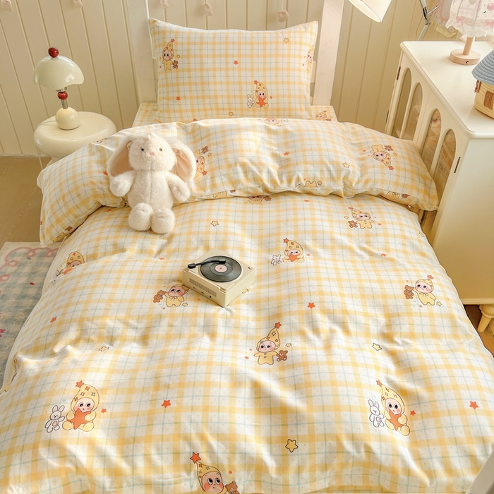 91家纺网 家纺一手货源 找家纺 简冠家纺 2026新款仿棉水洗棉学生三件套宿舍三件套多件套大礼包 小精灵黄