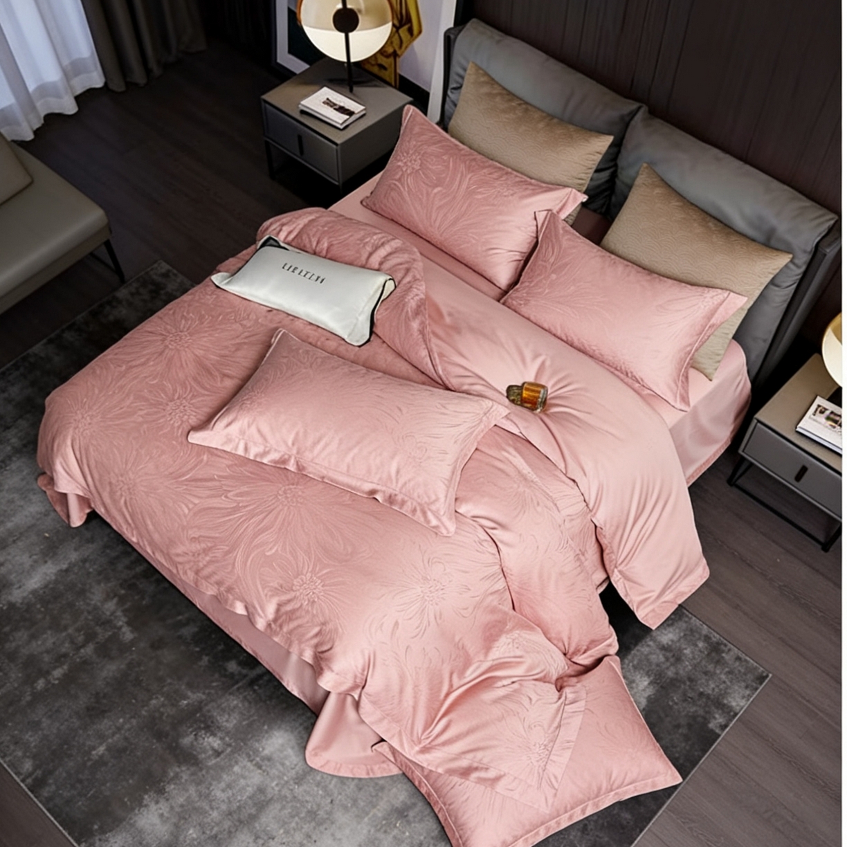 91家纺网 家纺一手货源 找家纺 榻尚家居 2026新款埋绳提花系列全棉纯棉贡缎提花四件套 罗卡芙 豆沙