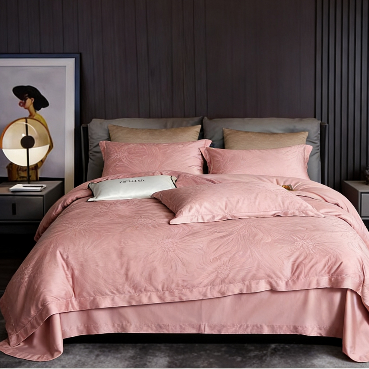 91家纺网 家纺一手货源 找家纺 榻尚家居 2026新款埋绳提花系列全棉纯棉贡缎提花四件套 罗卡芙 豆沙