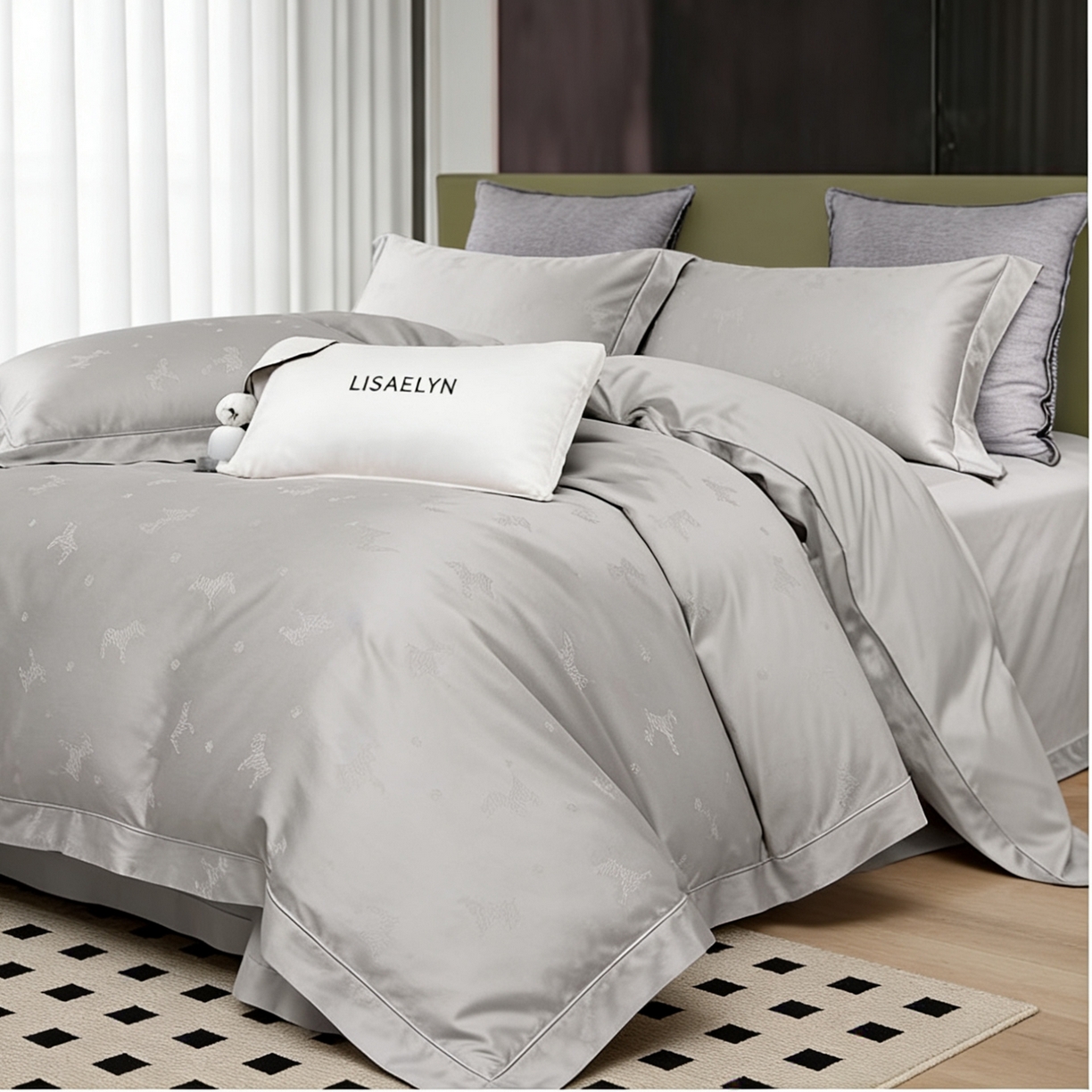 91家纺网 家纺一手货源 找家纺 榻尚家居 2026新款埋绳提花系列全棉纯棉贡缎提花四件套 马到成功 月光灰