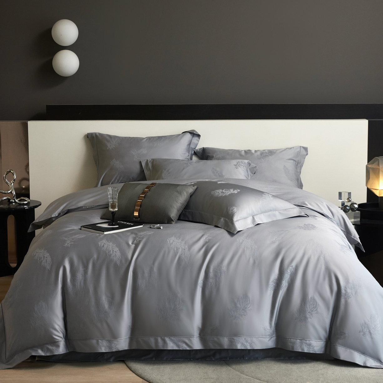 榻尚家居 2026新款埋绳提花系列全棉纯棉贡缎提花四件套 飘羽（高级灰）
