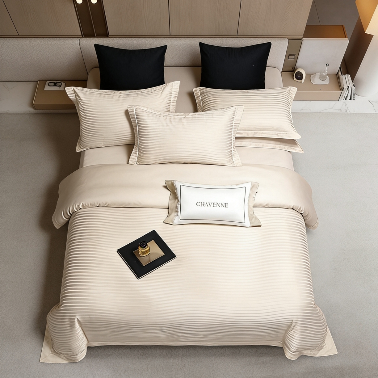 91家纺网 家纺一手货源 找家纺 榻尚家居 2026新款埋绳提花系列全棉纯棉贡缎提花四件套 素锦-浅米灰