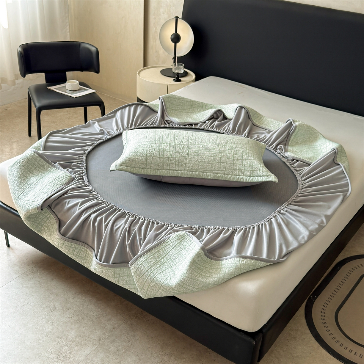 91家纺网 家纺一手货源 找家纺 慕木家纺 2026新款简约复合三明治冰豆豆席子凉席罗马曲线(提供买家秀)-床笠款 罗马曲线-绿