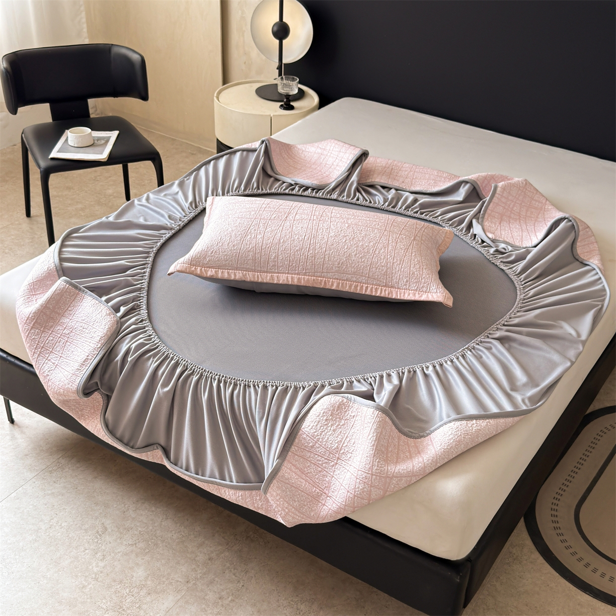 91家纺网 家纺一手货源 找家纺 慕木家纺 2026新款简约复合三明治冰豆豆席子凉席罗马曲线(提供买家秀)-床笠款 罗马曲线-粉