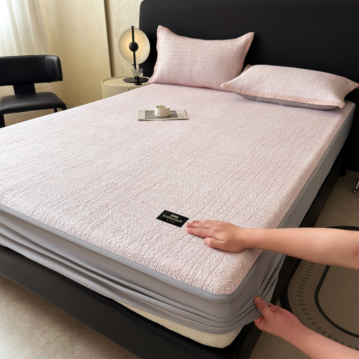 91家纺网 家纺一手货源 找家纺 慕木家纺 2026新款简约复合三明治冰豆豆席子凉席罗马曲线(提供买家秀)-床笠款 罗马曲线-粉