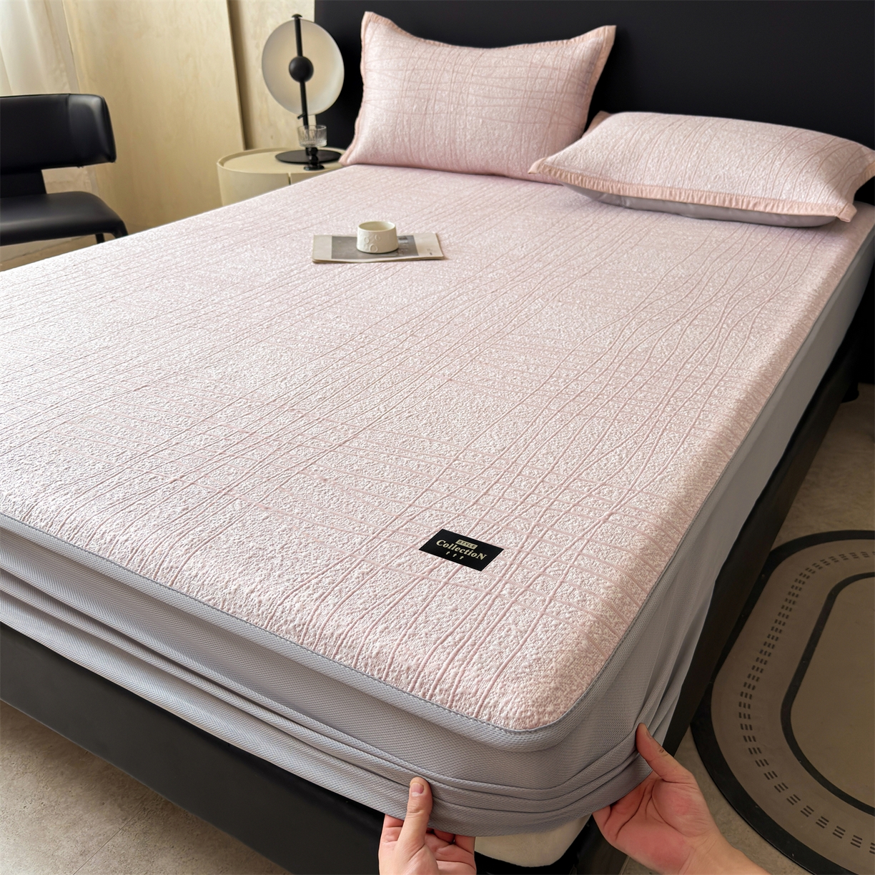 慕木家纺 2026新款简约复合三明治冰豆豆席子凉席罗马曲线(提供买家秀)-床笠款 罗马曲线-粉