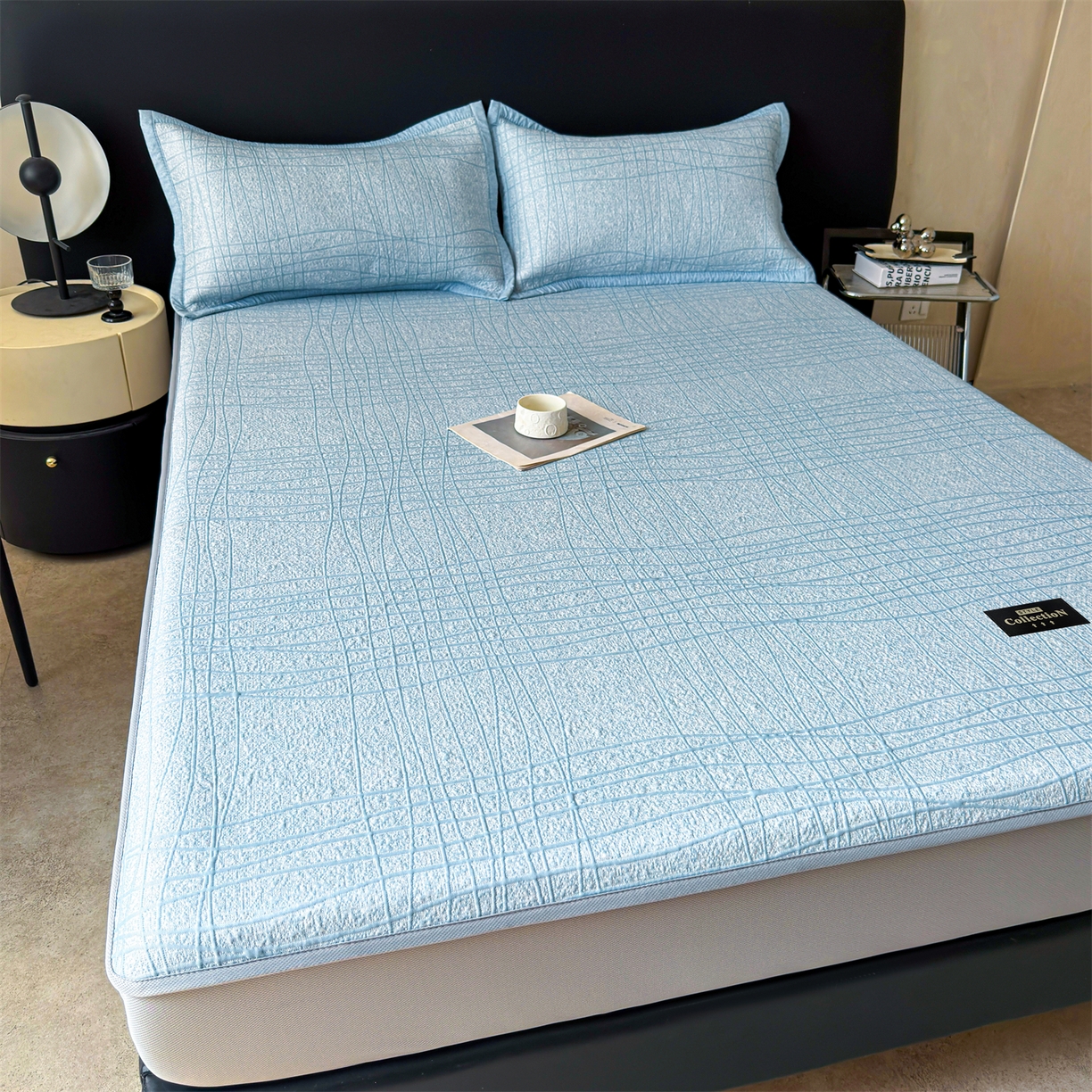 91家纺网 家纺一手货源 找家纺 慕木家纺 2026新款简约复合三明治冰豆豆席子凉席罗马曲线(提供买家秀)-床笠款 罗马曲线-蓝