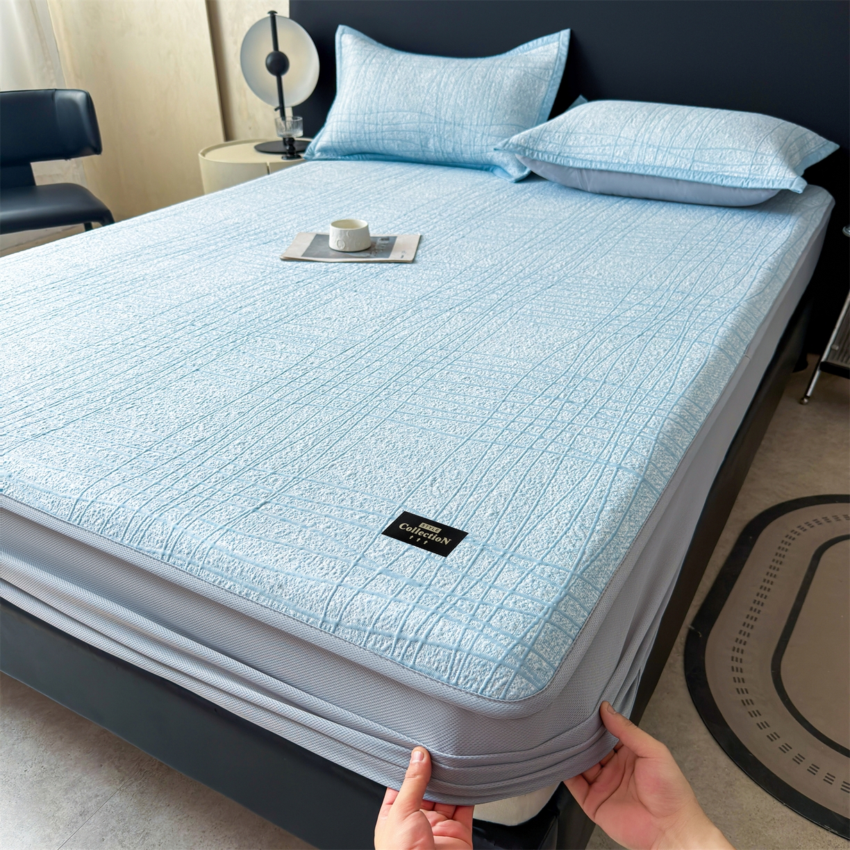 慕木家纺 2026新款简约复合三明治冰豆豆席子凉席罗马曲线(提供买家秀)-床笠款 罗马曲线-蓝