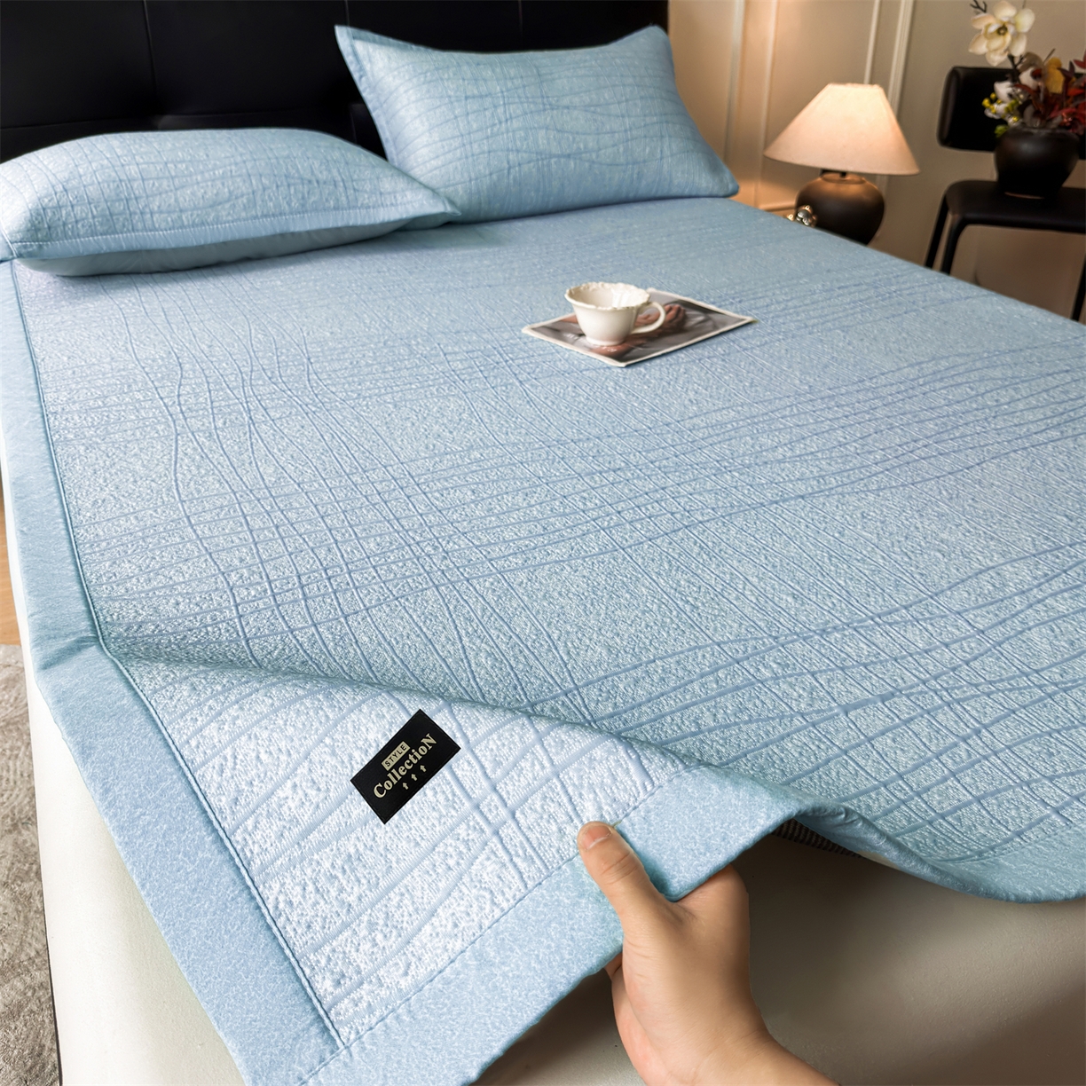 91家纺网 家纺一手货源 找家纺 慕木家纺 2026新款简约复合三明治冰豆豆席子凉席罗马曲线(提供买家秀)-床席款 罗马曲线-蓝