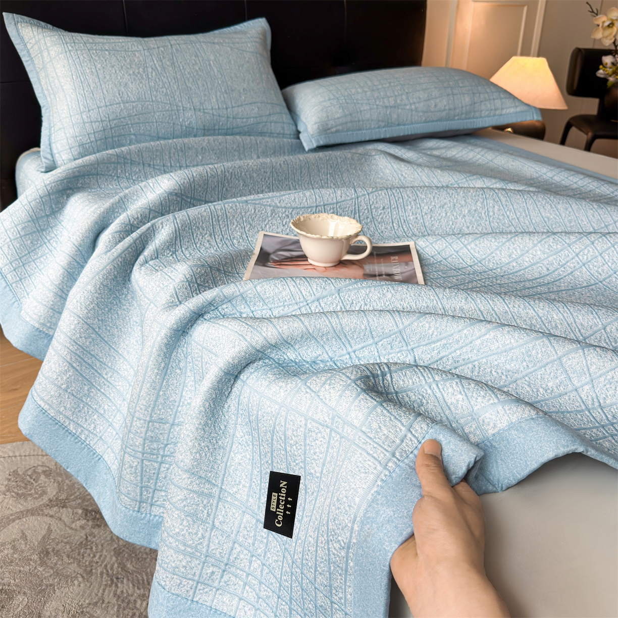 91家纺网 家纺一手货源 找家纺 慕木家纺 2026新款简约复合三明治冰豆豆席子凉席罗马曲线(提供买家秀)-床席款 罗马曲线-蓝