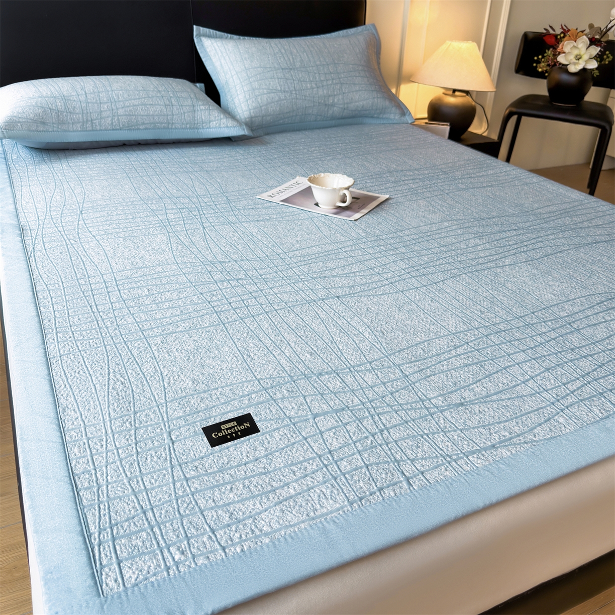 91家纺网 家纺一手货源 找家纺 慕木家纺 2026新款简约复合三明治冰豆豆席子凉席罗马曲线(提供买家秀)-床席款 罗马曲线-蓝