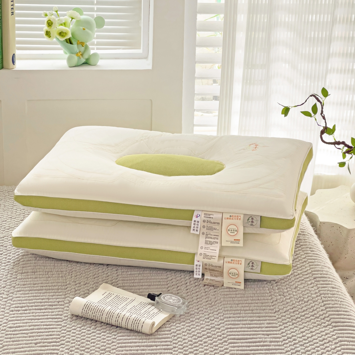 91家纺网 家纺一手货源 找家纺 梦叶草 2026新款花草草本记决明子护颈枕头全棉枕芯 草本记决明子-抹茶色