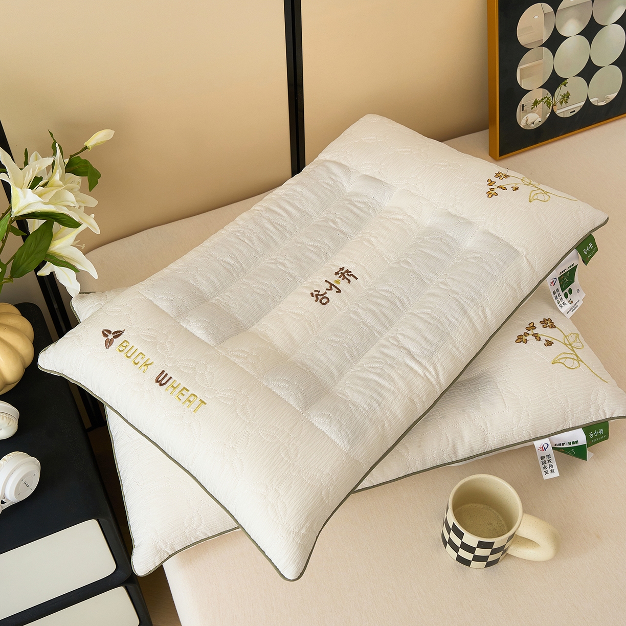 91家纺网 家纺一手货源 找家纺 （总）梦叶草 2026新款邹邹纱提花谷小荞荞麦护颈枕头枕芯