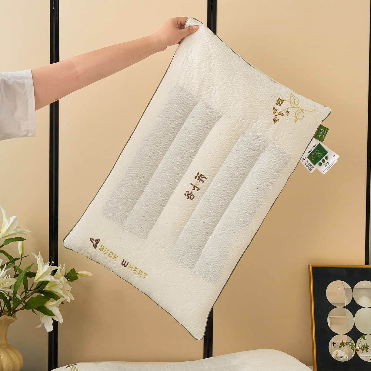 91家纺网 家纺一手货源 找家纺 （总）梦叶草 2026新款邹邹纱提花谷小荞荞麦护颈枕头枕芯