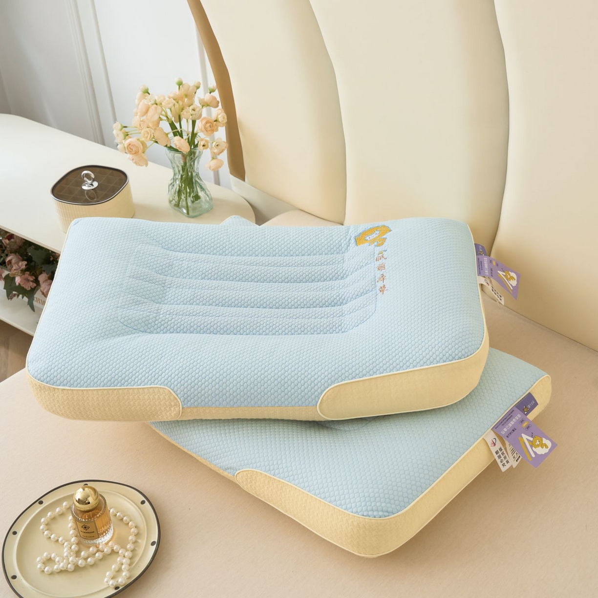 91家纺网 家纺一手货源 找家纺 梦叶草 2026新款新品透气针织棉萌眠本草决明子护颈枕头助睡眠枕芯 萌眠本草决明子护颈枕-蓝色