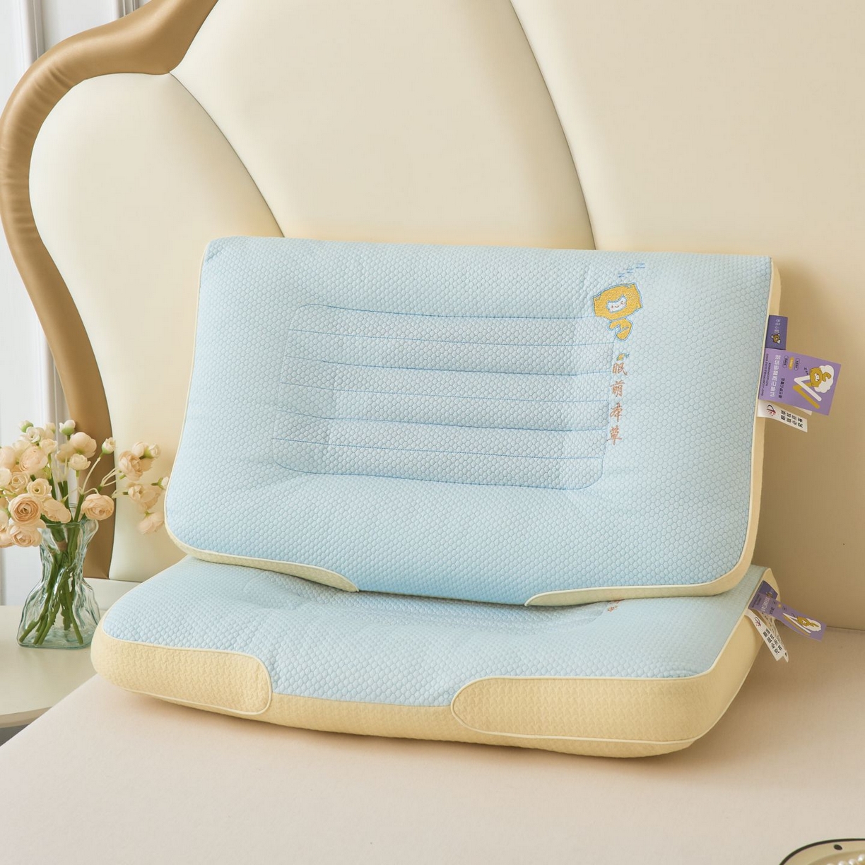 91家纺网 家纺一手货源 找家纺 梦叶草 2026新款新品透气针织棉萌眠本草决明子护颈枕头助睡眠枕芯 萌眠本草决明子护颈枕-蓝色