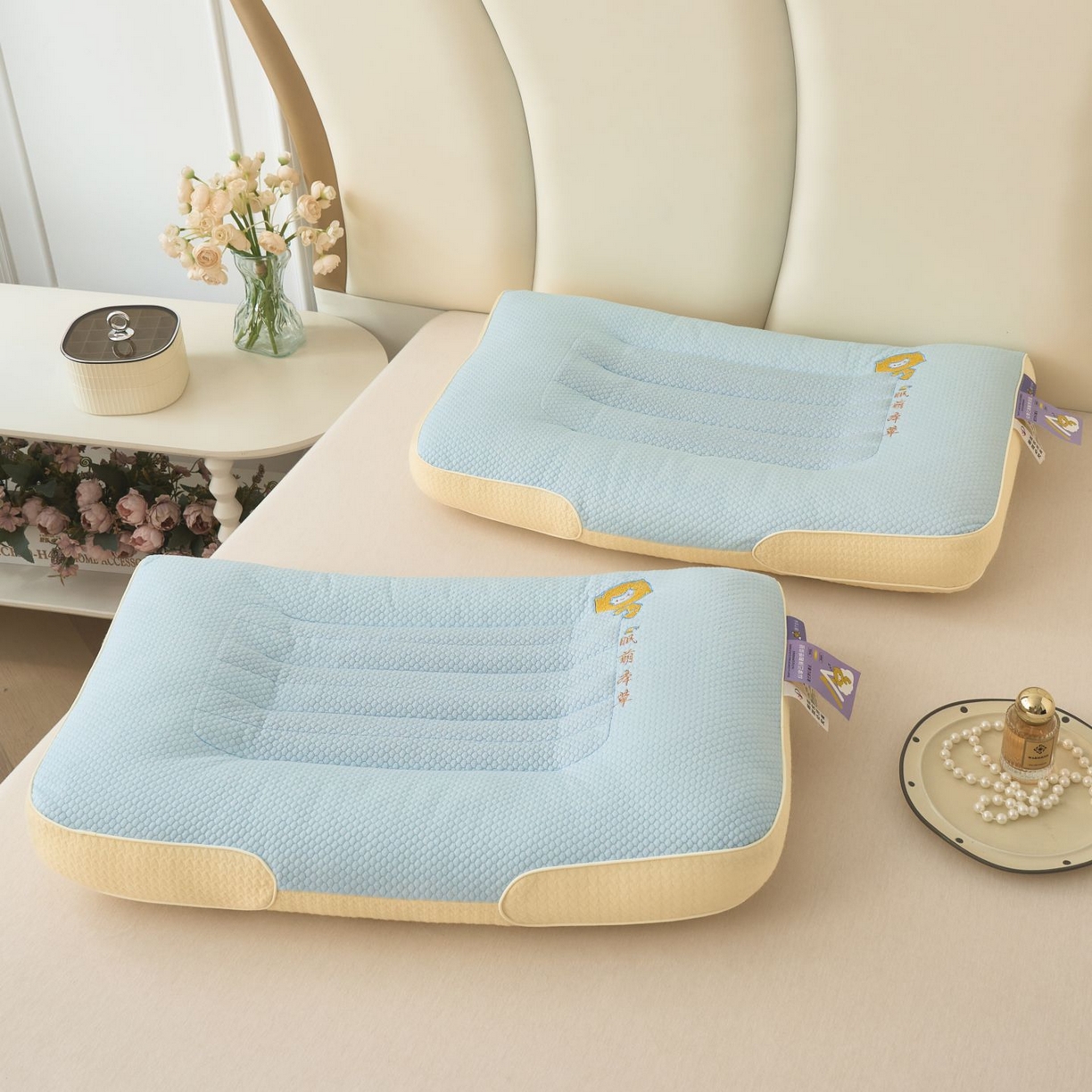 91家纺网 家纺一手货源 找家纺 梦叶草 2026新款新品透气针织棉萌眠本草决明子护颈枕头助睡眠枕芯 萌眠本草决明子护颈枕-蓝色