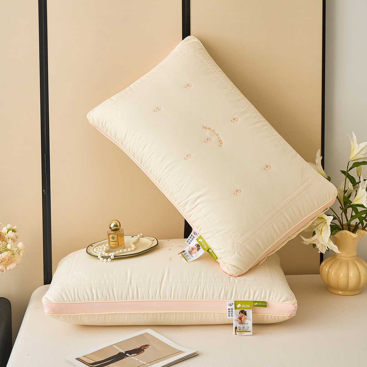 91家纺网 家纺一手货源 找家纺 （总）梦叶草 2026新款七朵玫瑰亲肤护颈枕芯助睡眠枕头