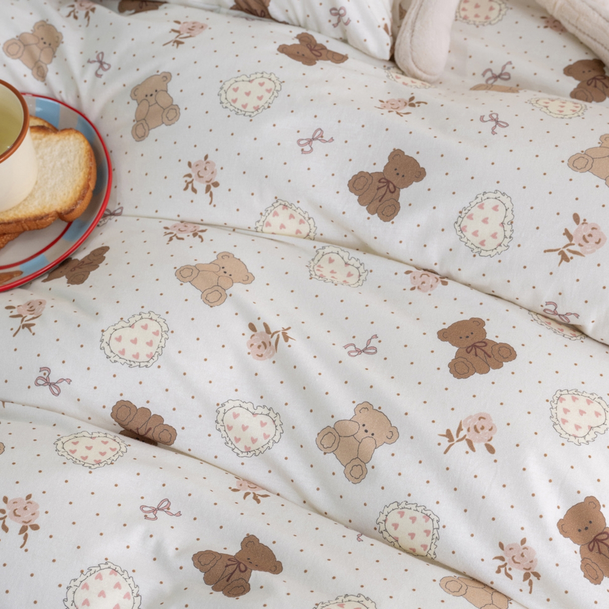 91家纺网 家纺一手货源 找家纺 梦可莱家居 2026新款全棉纯棉针织棉印花可爱卡通系列四件套 爱心曲奇