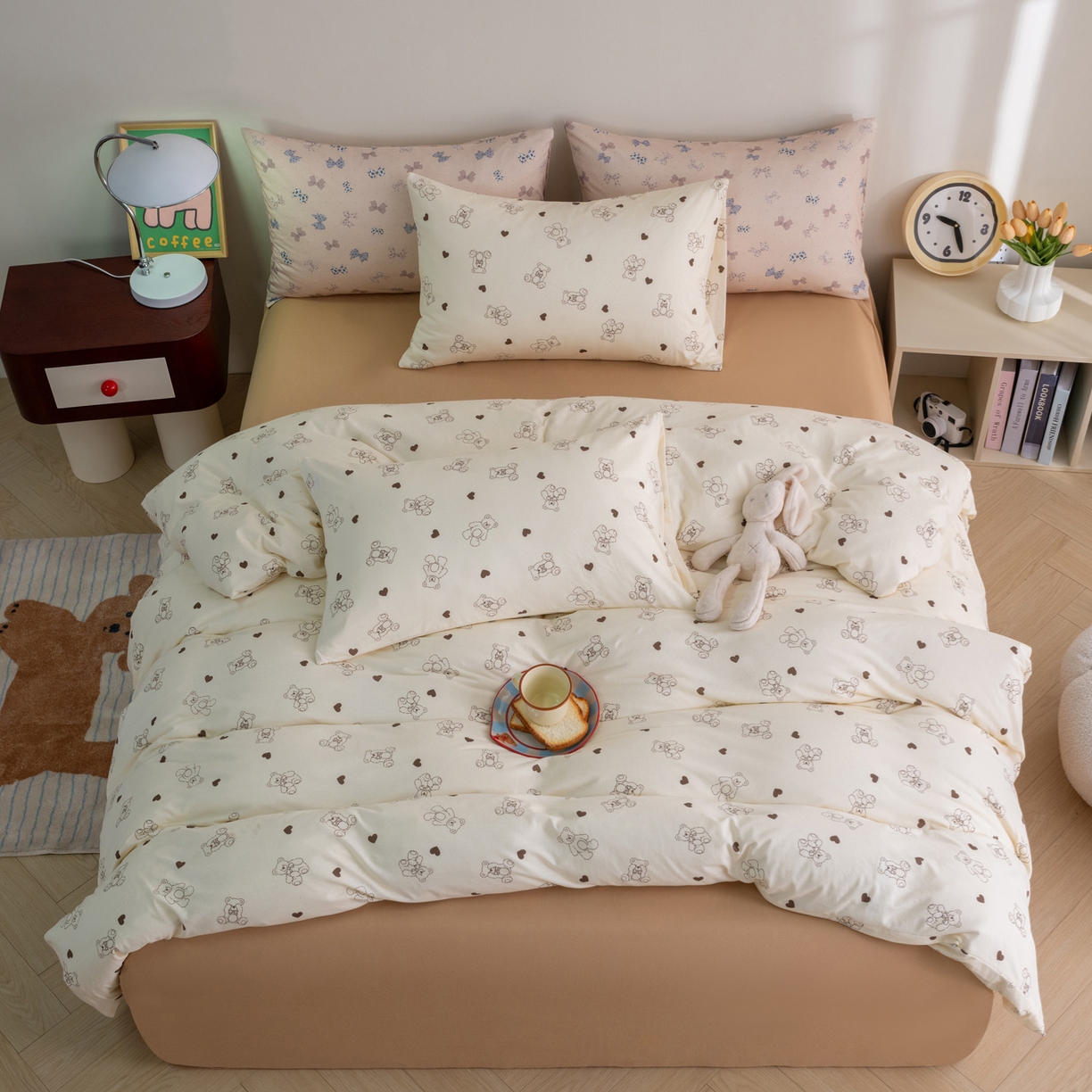 91家纺网 家纺一手货源 找家纺 梦可莱家居 2026新款全棉纯棉针织棉印花可爱卡通系列四件套 爱心熊