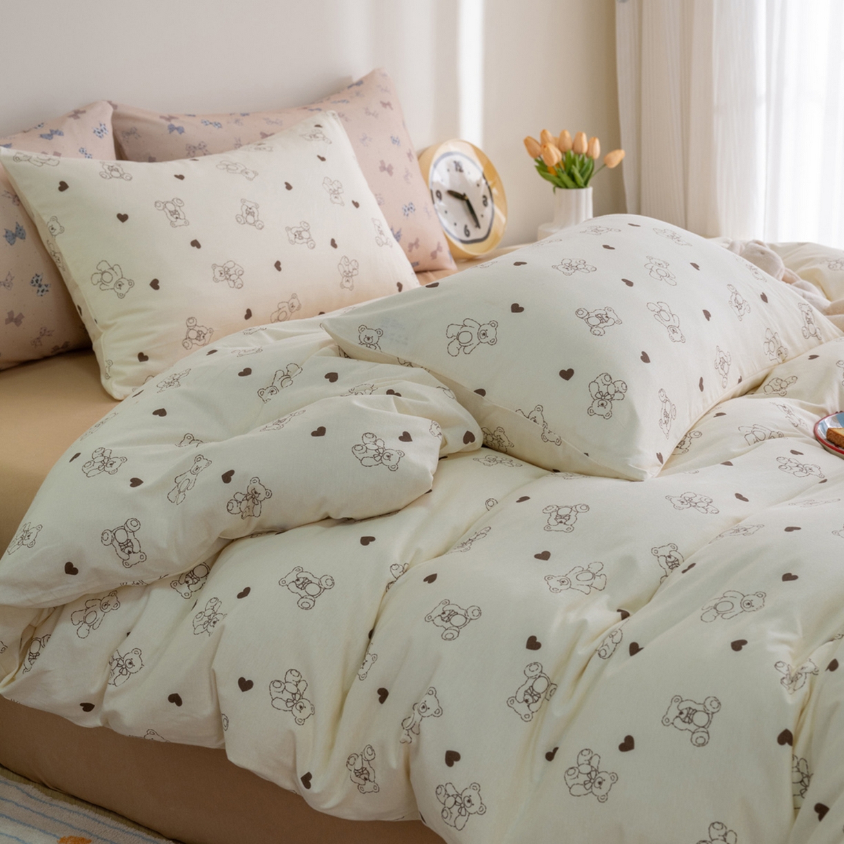 91家纺网 家纺一手货源 找家纺 梦可莱家居 2026新款全棉纯棉针织棉印花可爱卡通系列四件套 爱心熊