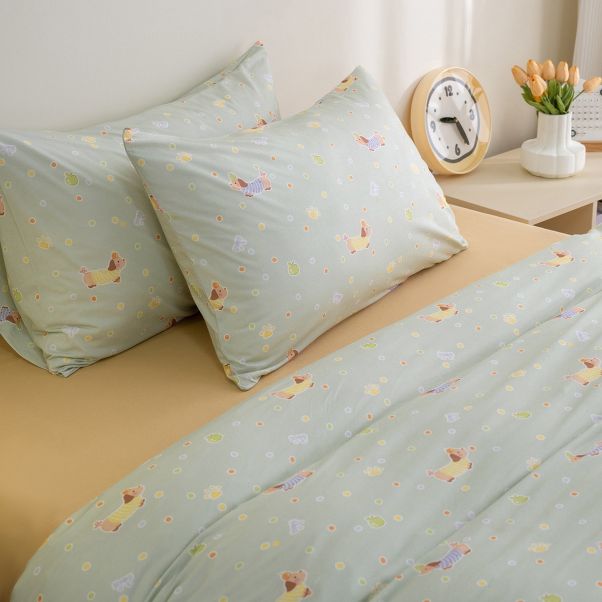 91家纺网 家纺一手货源 找家纺 梦可莱家居 2026新款全棉纯棉针织棉印花可爱卡通系列四件套 波点狗