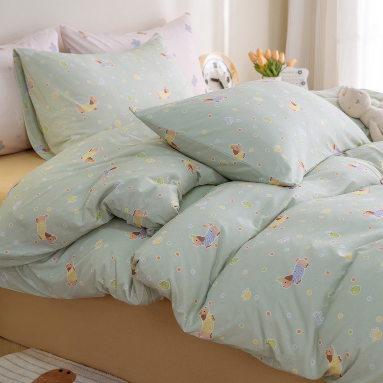 91家纺网 家纺一手货源 找家纺 梦可莱家居 2026新款全棉纯棉针织棉印花可爱卡通系列四件套 波点狗