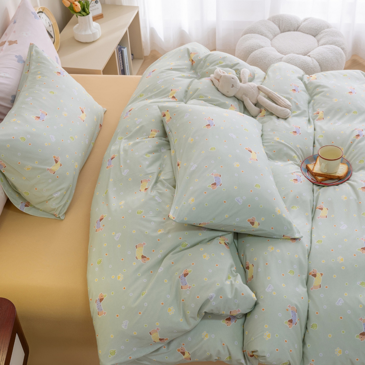 91家纺网 家纺一手货源 找家纺 梦可莱家居 2026新款全棉纯棉针织棉印花可爱卡通系列四件套 波点狗