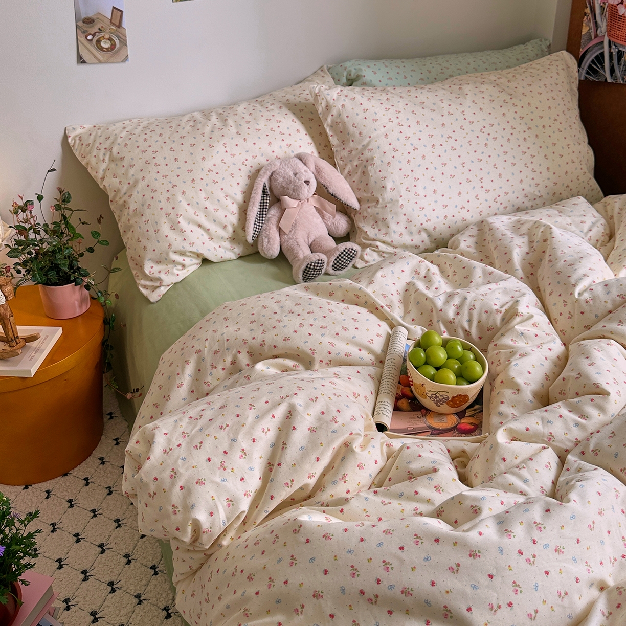 91家纺网 家纺一手货源 找家纺 艾咪-Amy ntmy 2026新款博主风清新田园小碎花全棉纯棉四件套-甜樱 清新甜樱-黄