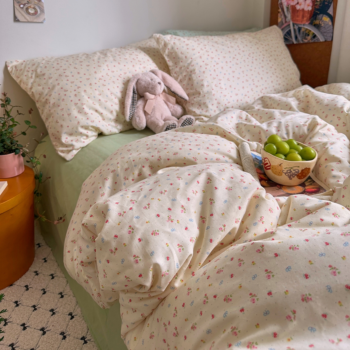91家纺网 家纺一手货源 找家纺 艾咪-Amy ntmy 2026新款博主风清新田园小碎花全棉纯棉四件套-甜樱 清新甜樱-黄