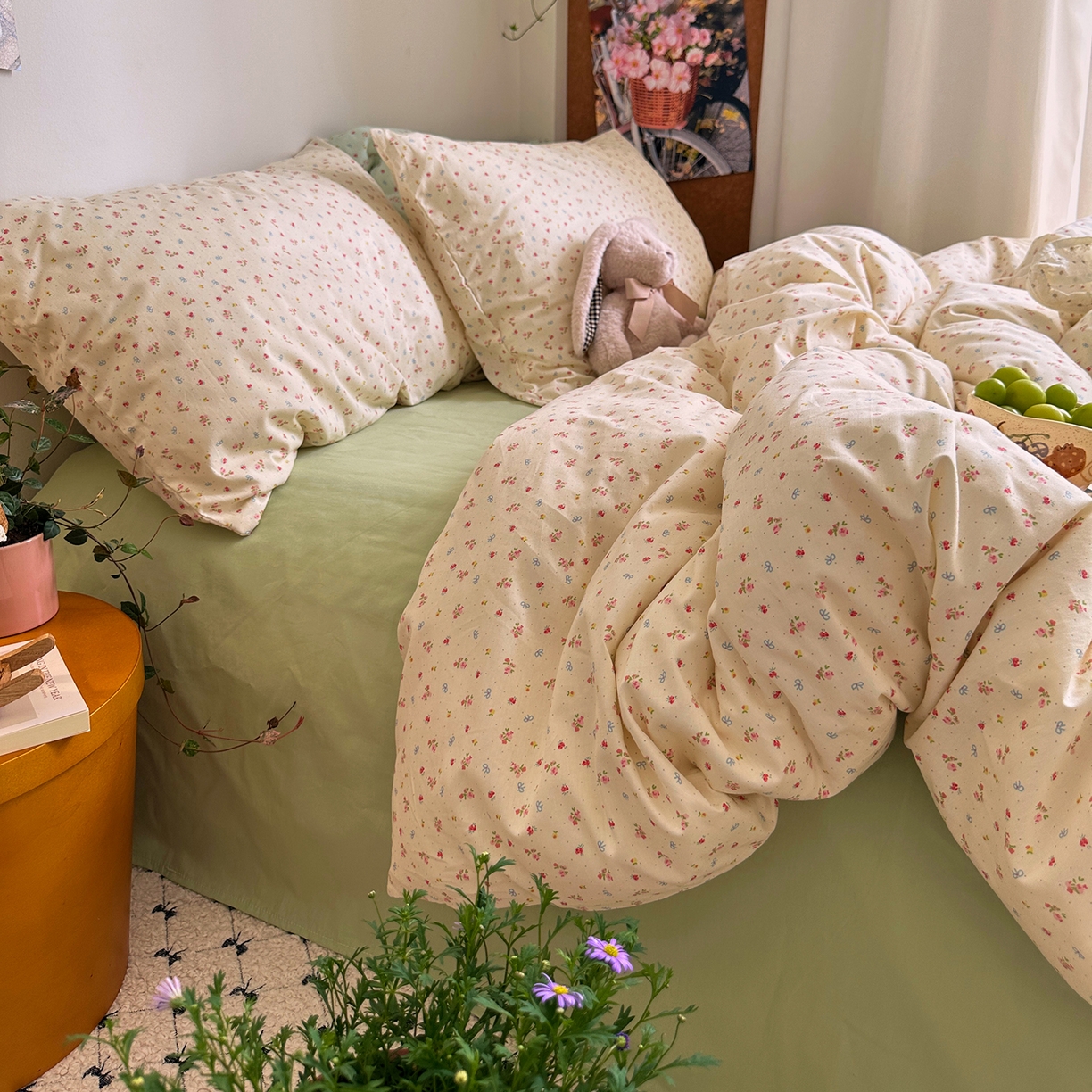 91家纺网 家纺一手货源 找家纺 艾咪-Amy ntmy 2026新款博主风清新田园小碎花全棉纯棉四件套-甜樱 清新甜樱-黄