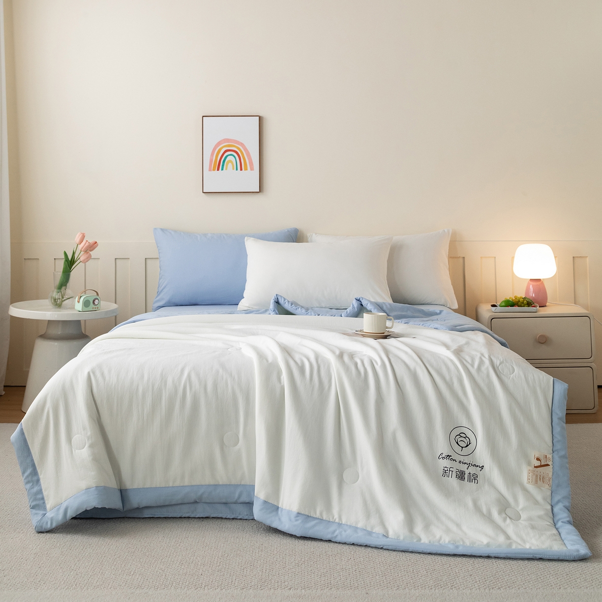 91家纺网 家纺一手货源 找家纺 （总）几禾 2026春夏新款纯色水洗棉双拼夏被新疆棉花被夏凉被空调被被子被芯