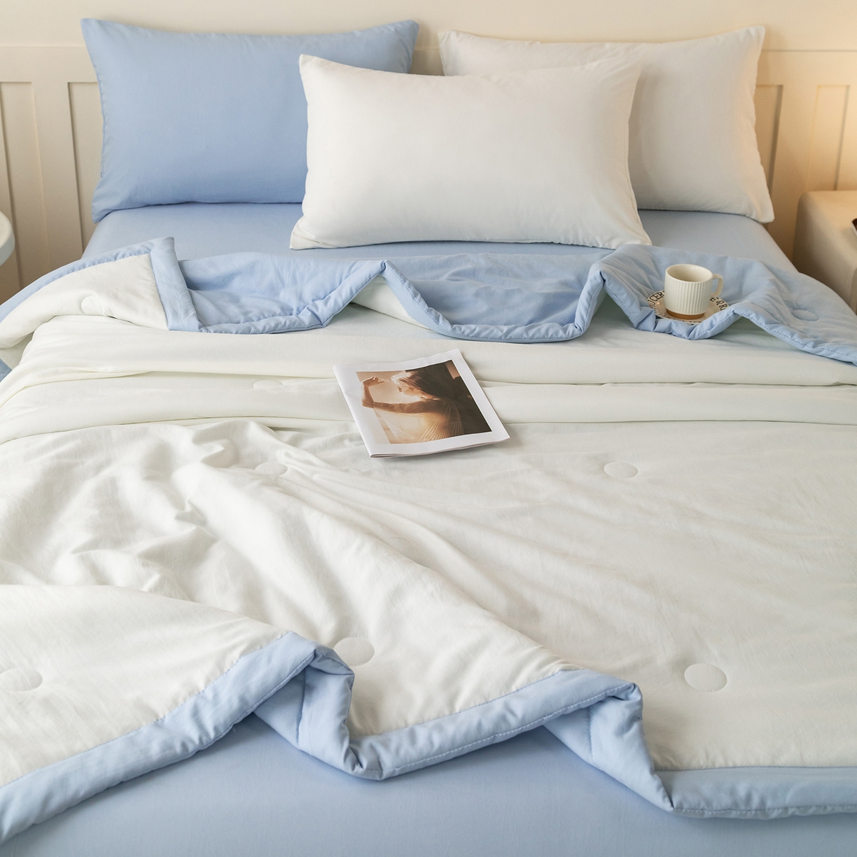 91家纺网 家纺一手货源 找家纺 几禾 2026春夏新款纯色水洗棉双拼夏被新疆棉花被夏凉被空调被被子被芯 双拼-白蓝