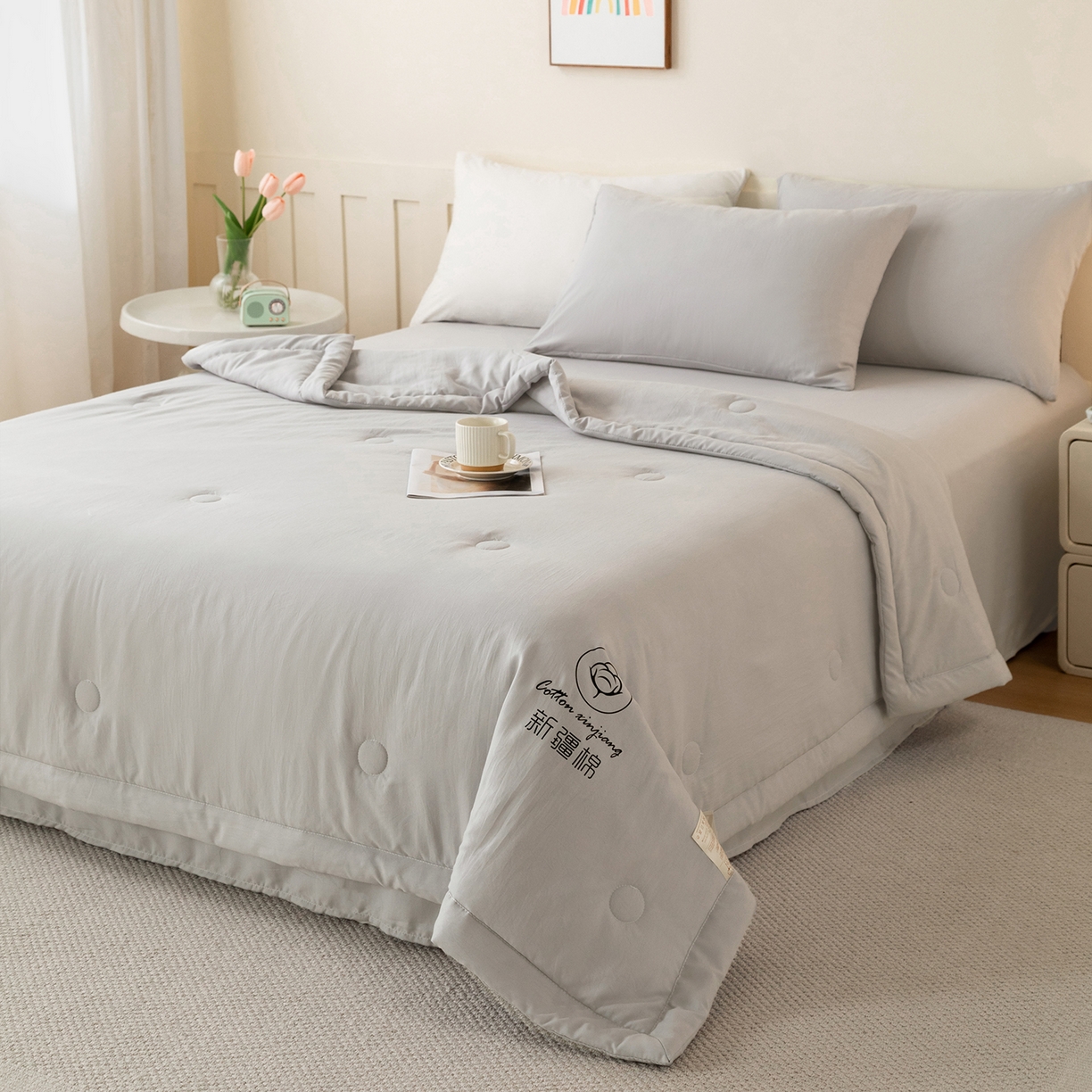 91家纺网 家纺一手货源 找家纺 几禾 2026春夏新款纯色水洗棉双拼夏被新疆棉花被夏凉被空调被被子被芯 纯色-浅灰