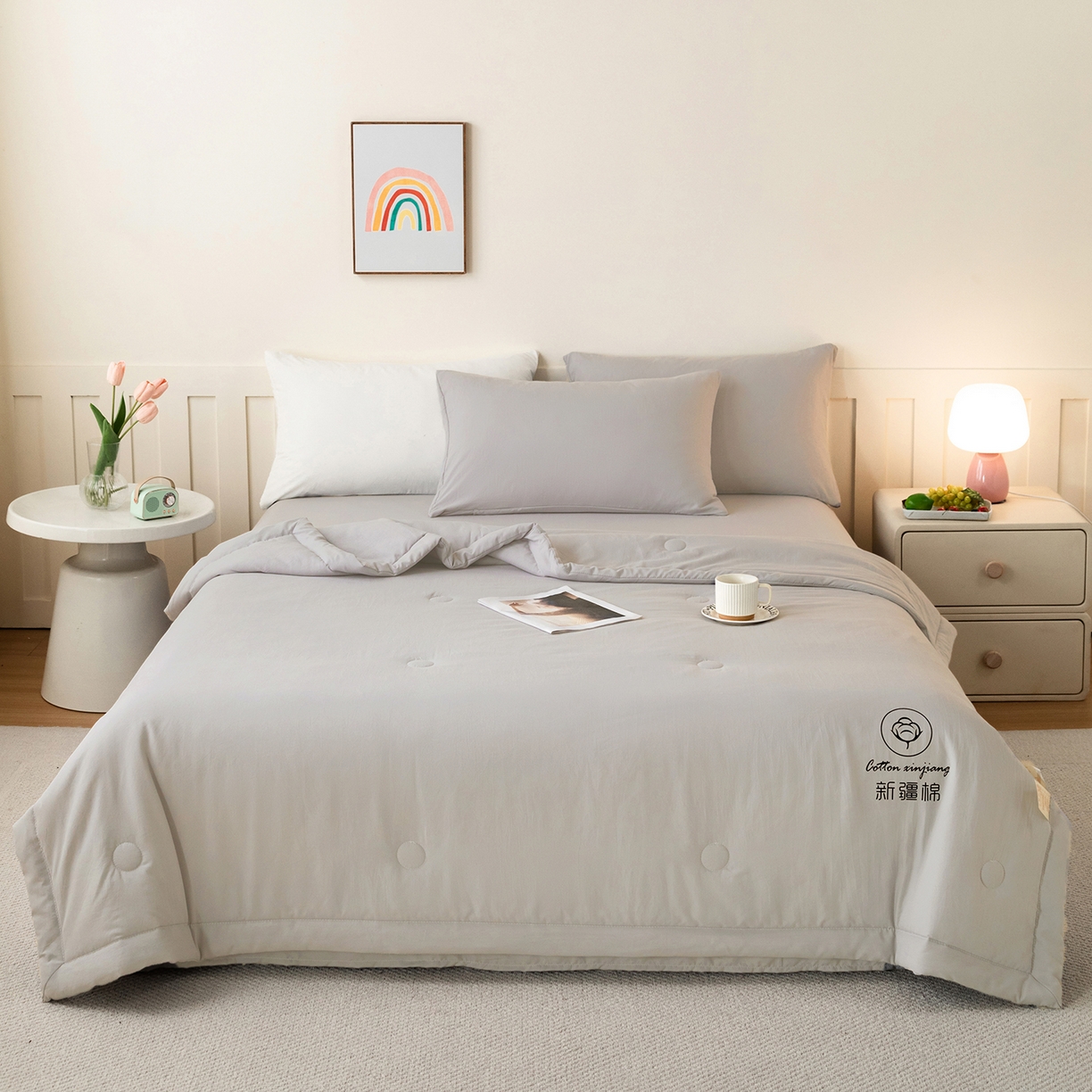 91家纺网 家纺一手货源 找家纺 几禾 2026春夏新款纯色水洗棉双拼夏被新疆棉花被夏凉被空调被被子被芯 纯色-浅灰