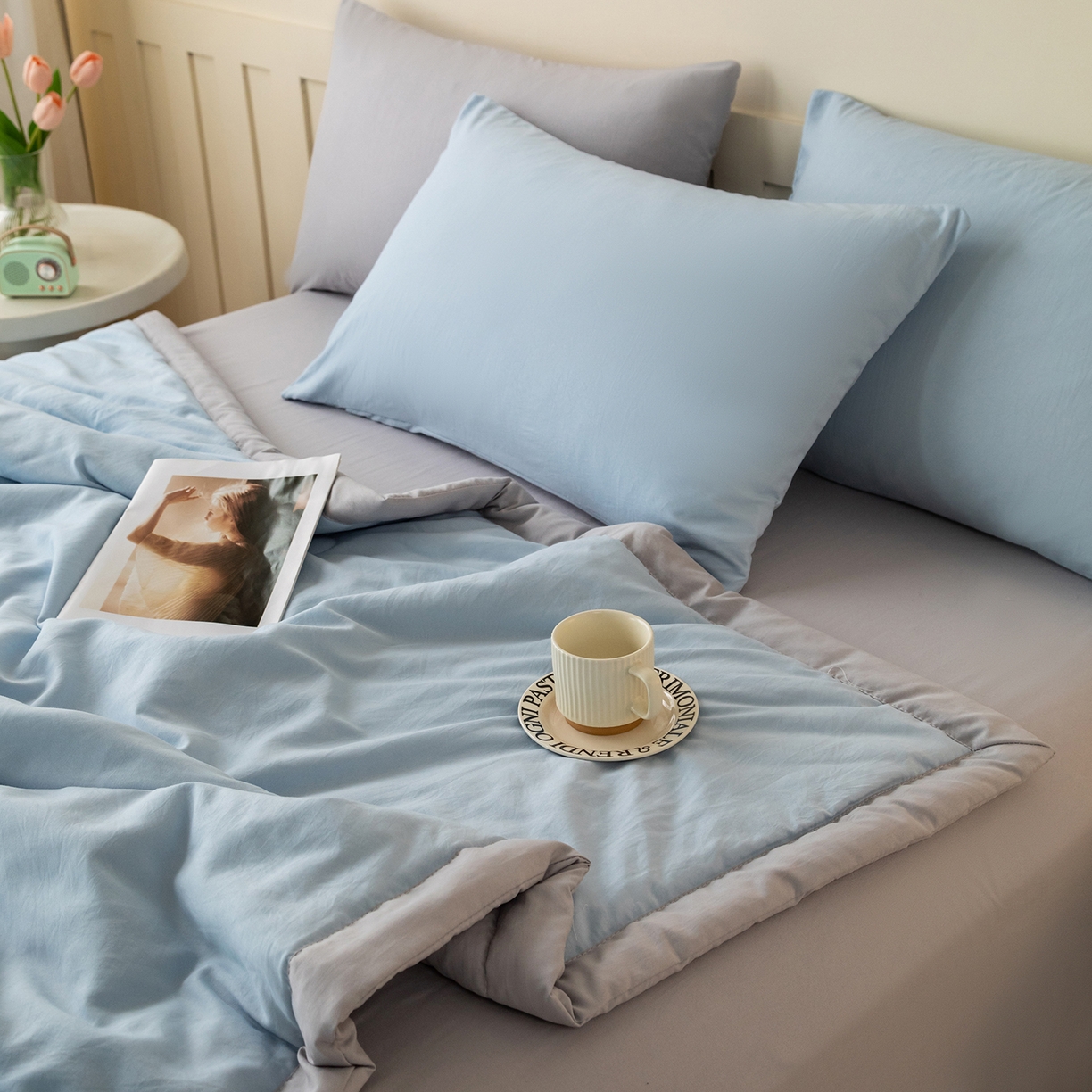 91家纺网 家纺一手货源 找家纺 几禾 2026春夏新款纯色水洗棉双拼夏被新疆棉花被夏凉被空调被被子被芯 双拼-蓝灰