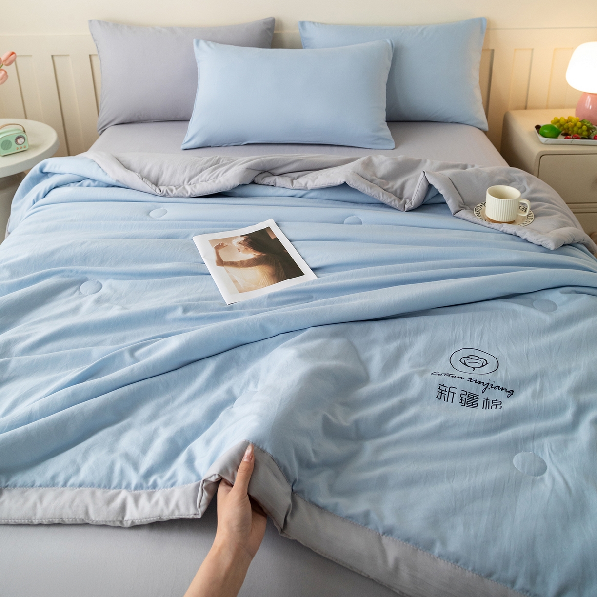91家纺网 家纺一手货源 找家纺 几禾 2026春夏新款纯色水洗棉双拼夏被新疆棉花被夏凉被空调被被子被芯 双拼-蓝灰