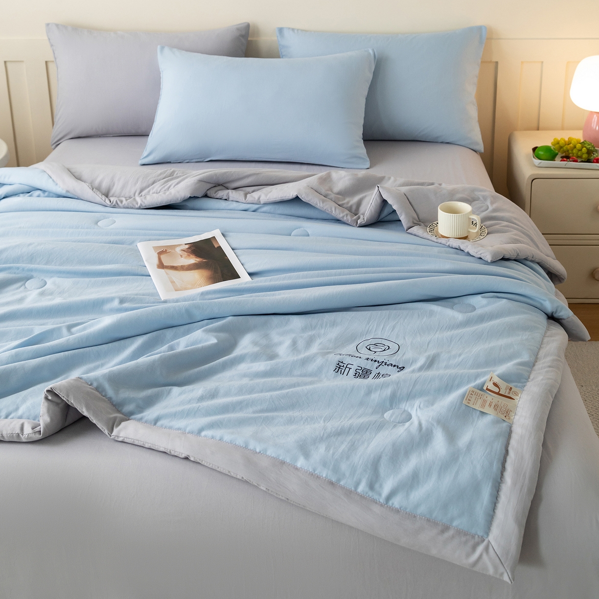 91家纺网 家纺一手货源 找家纺 几禾 2026春夏新款纯色水洗棉双拼夏被新疆棉花被夏凉被空调被被子被芯 双拼-蓝灰