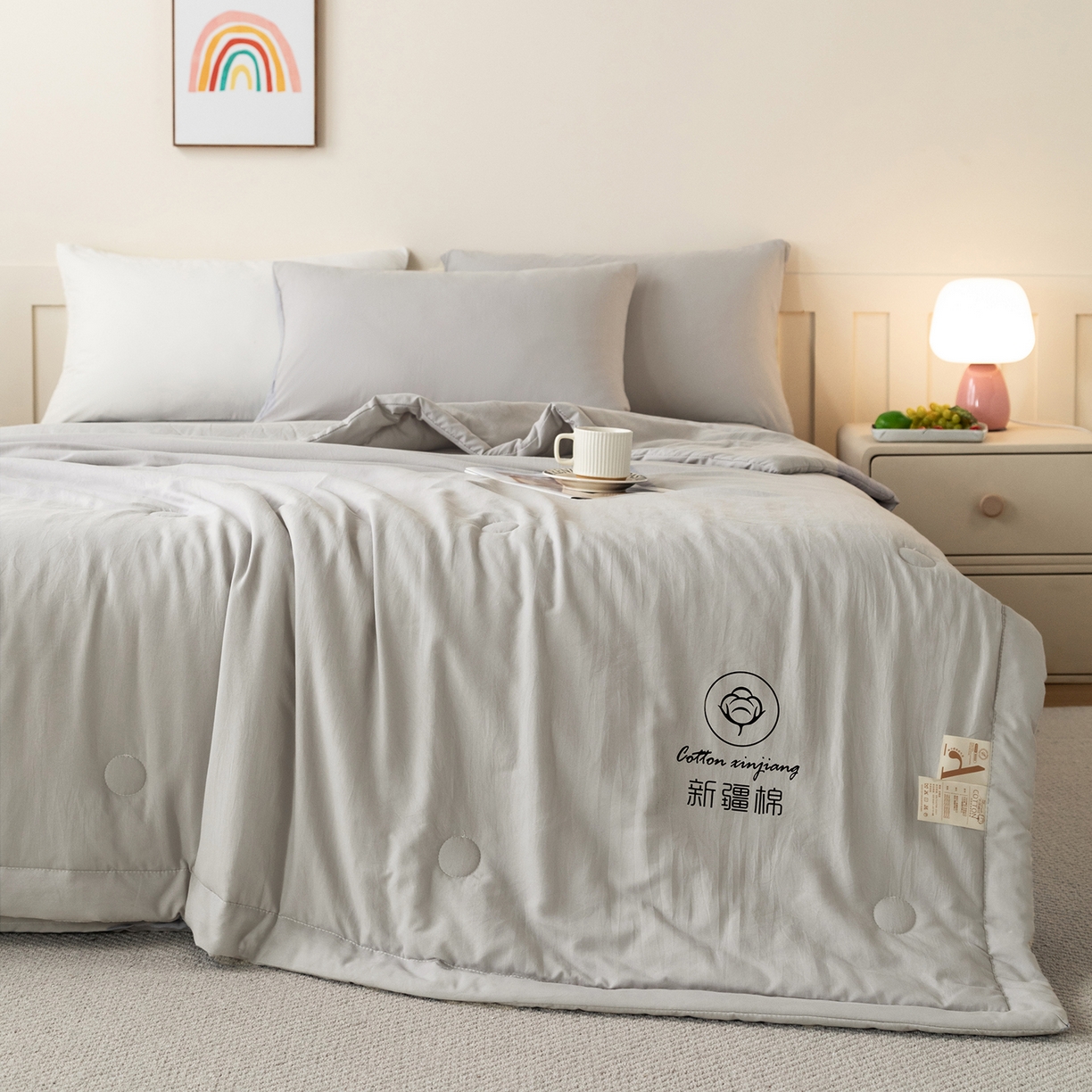 91家纺网 家纺一手货源 找家纺 几禾 2026春夏新款纯色水洗棉双拼夏被新疆棉花被夏凉被空调被被子被芯 纯色-浅灰
