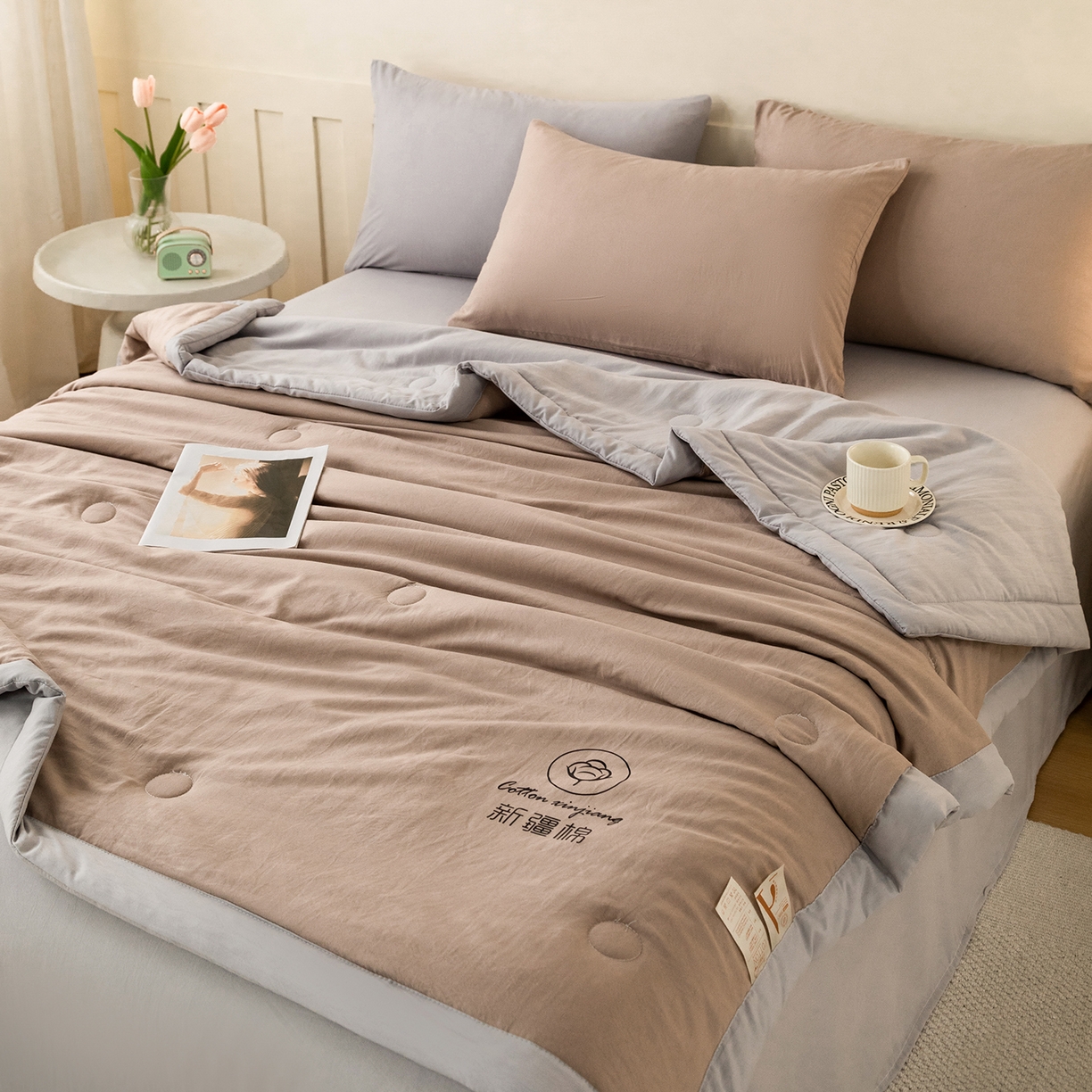 91家纺网 家纺一手货源 找家纺 几禾 2026春夏新款纯色水洗棉双拼夏被新疆棉花被夏凉被空调被被子被芯 双拼-卡其灰