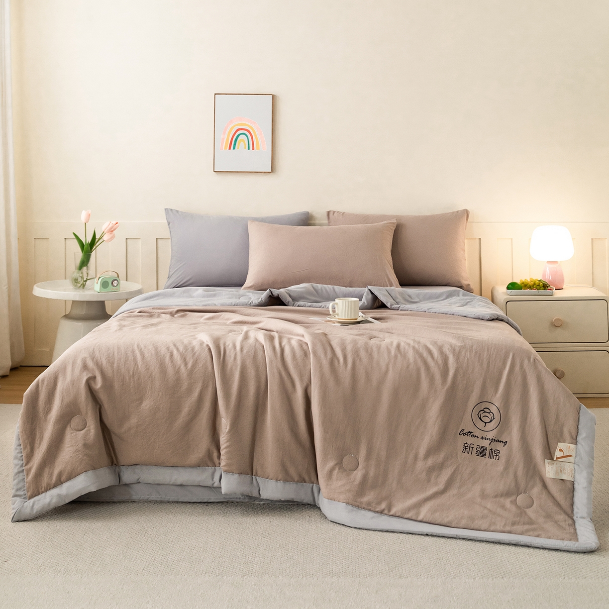 91家纺网 家纺一手货源 找家纺 几禾 2026春夏新款纯色水洗棉双拼夏被新疆棉花被夏凉被空调被被子被芯 双拼-卡其灰