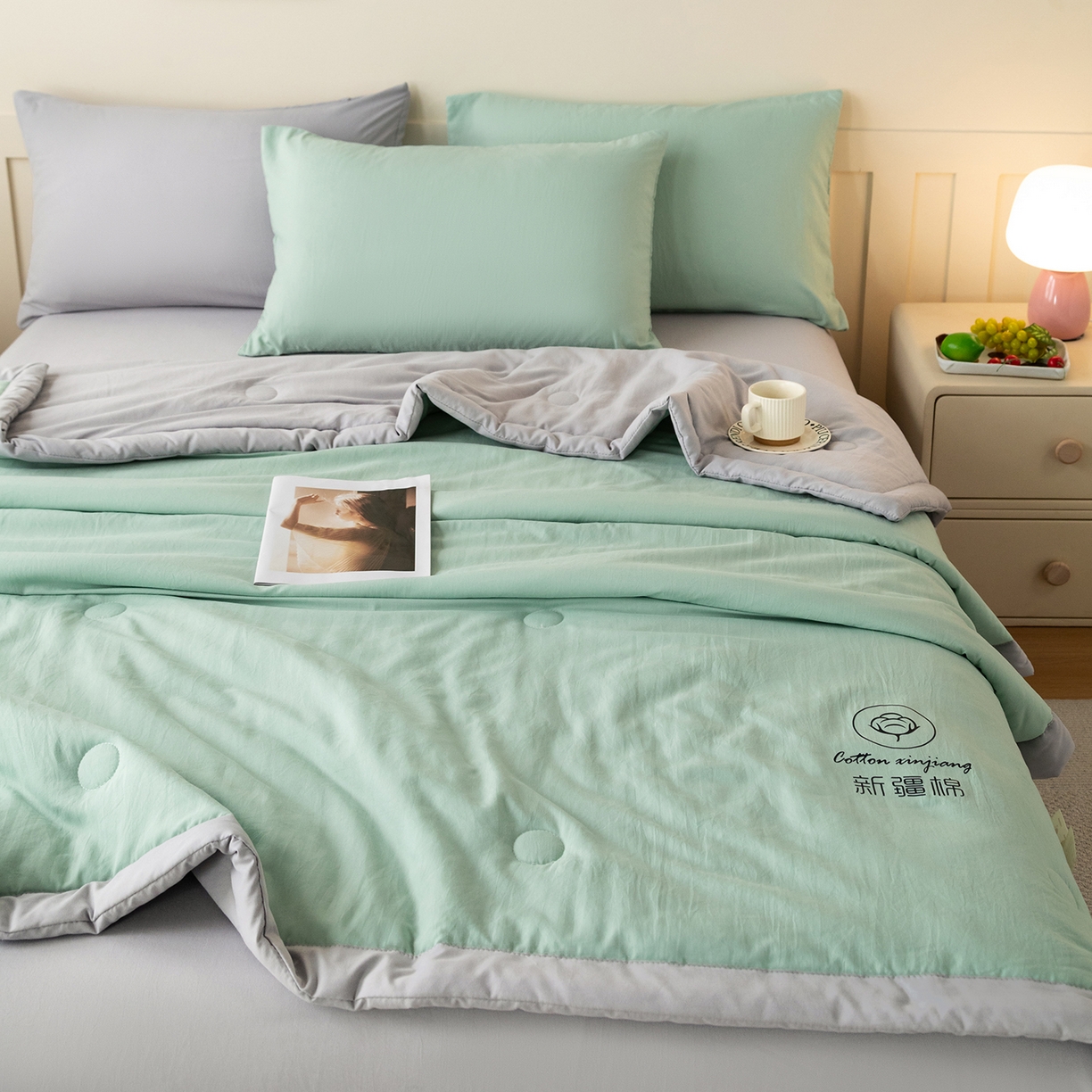 91家纺网 家纺一手货源 找家纺 几禾 2026春夏新款纯色水洗棉双拼夏被新疆棉花被夏凉被空调被被子被芯 双拼-绿灰