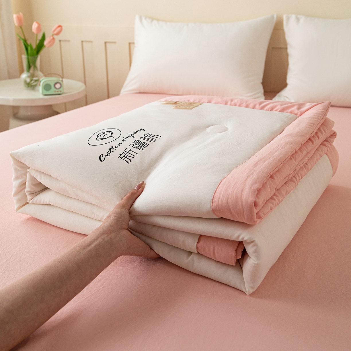 几禾 2026春夏新款纯色水洗棉双拼夏被新疆棉花被夏凉被空调被被子被芯 双拼-白粉