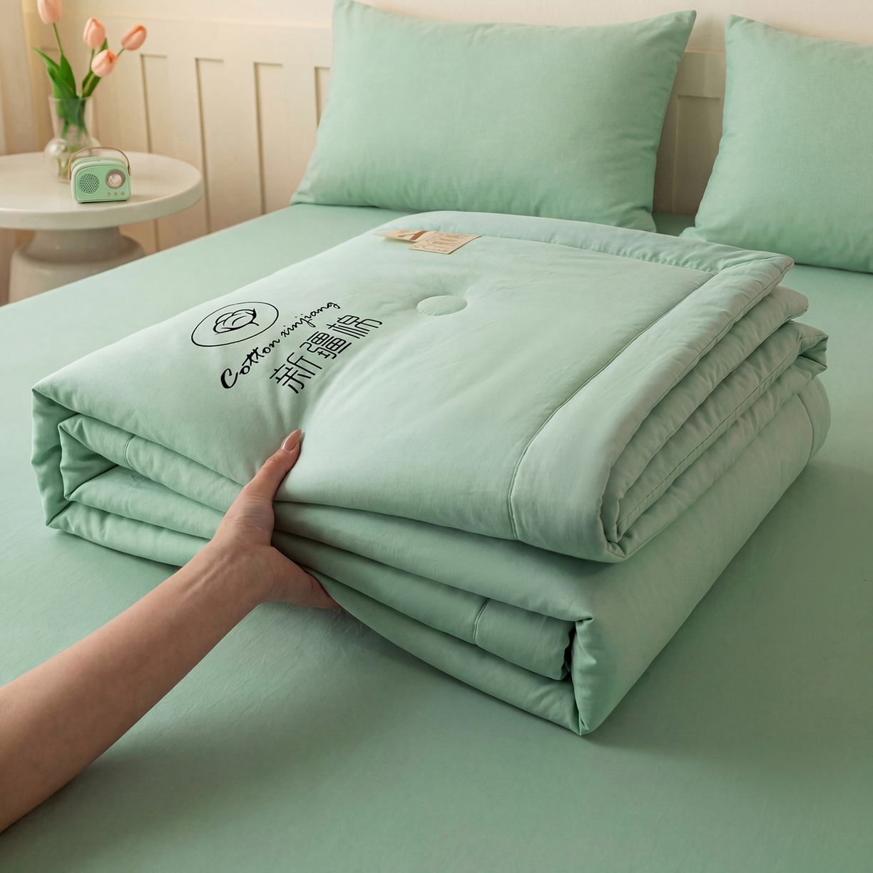 几禾 2026春夏新款纯色水洗棉双拼夏被新疆棉花被夏凉被空调被被子被芯 纯色-浅绿