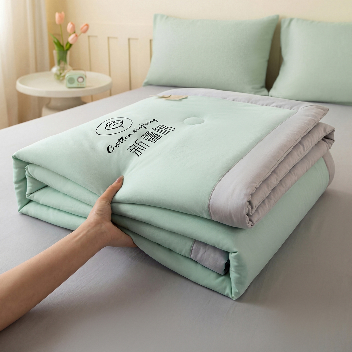 几禾 2026春夏新款纯色水洗棉双拼夏被新疆棉花被夏凉被空调被被子被芯 双拼-绿灰