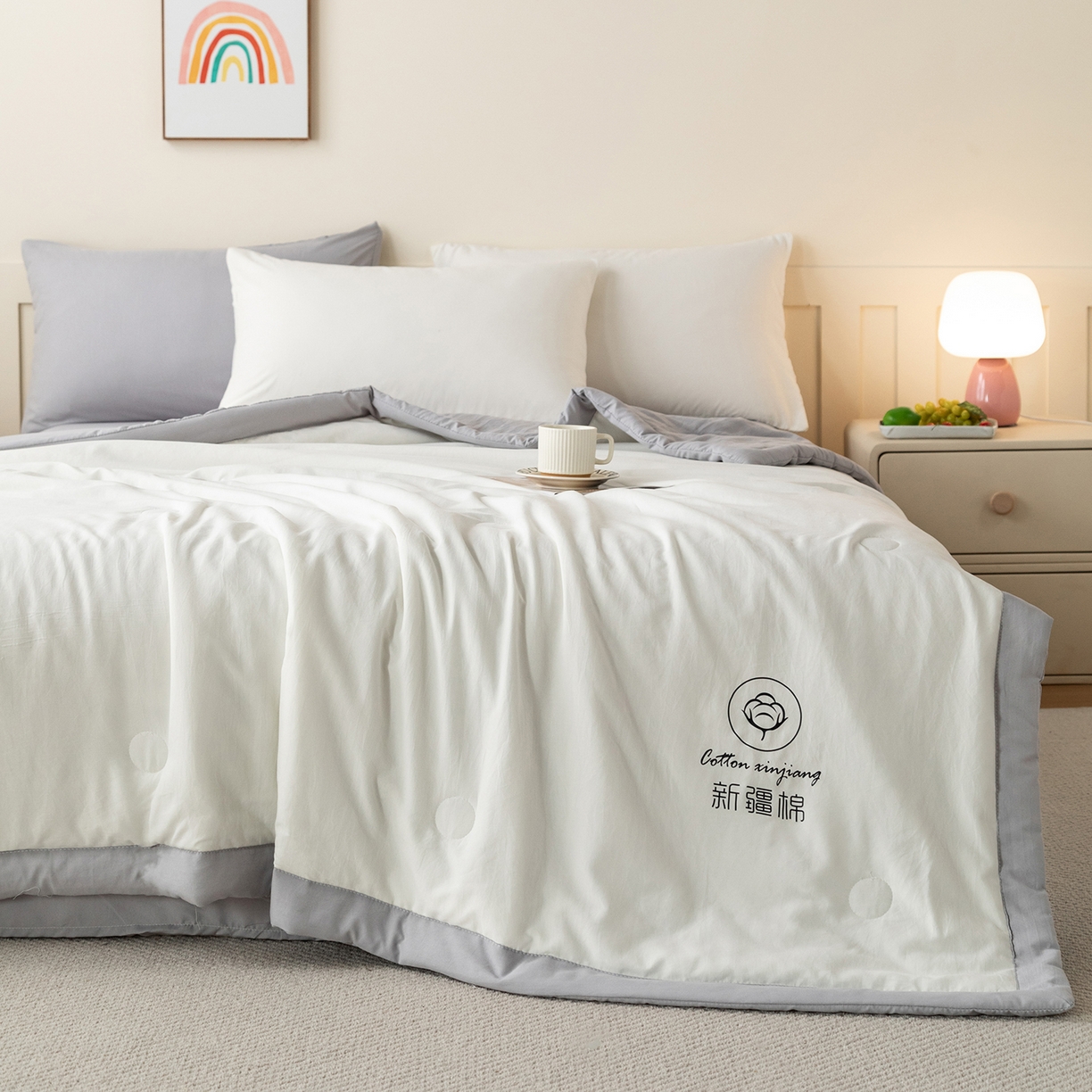 91家纺网 家纺一手货源 找家纺 几禾 2026春夏新款纯色水洗棉双拼夏被新疆棉花被夏凉被空调被被子被芯 双拼-白灰