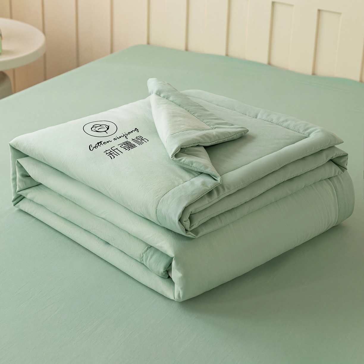 91家纺网 家纺一手货源 找家纺 几禾 2026春夏新款纯色水洗棉双拼夏被新疆棉花被夏凉被空调被被子被芯 纯色-浅绿